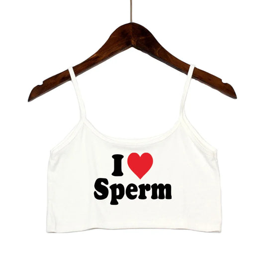 NEW Arrivals I LOVE SPERM Sexy Crop Top for Women Streetwear Girls Asian Size Casual Clothes Elastic Camis Sleeveless Female Short Tank Top Women’s Tops