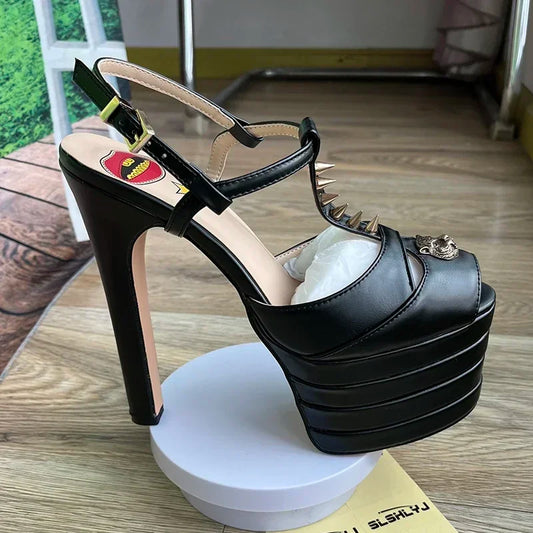 Multi-Colors Brand Sexy Rivet 16cm High Heel Shoes Leather Sheepskin Sandals Platform Evening  Party Wedding Ball T-Stage Women Shoes High Quality Large 43summer Female Shoes