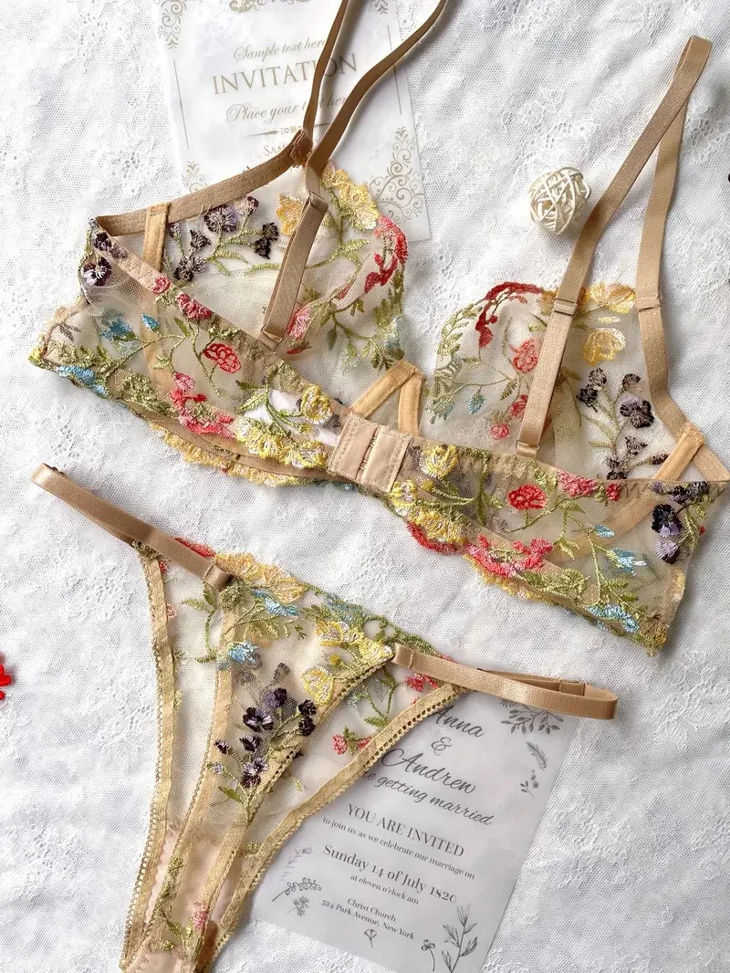 Floral Embroidery Lingerie Set Women Sheer 2-Piece Soho Bra + Panty Underwear Set Intimates