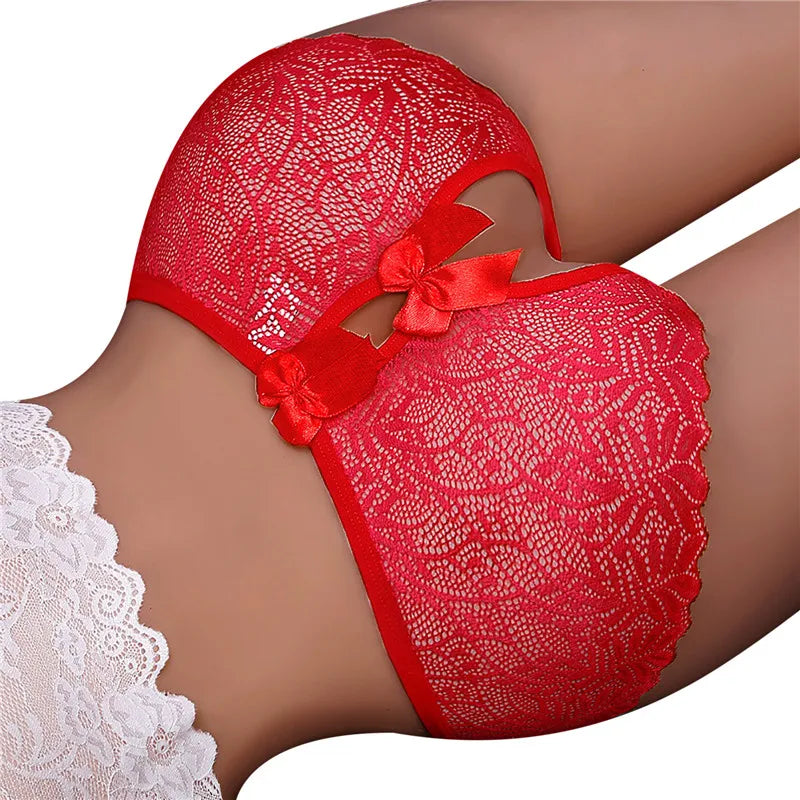 New Women Erotic Sexy Open Lace Panties Transparent Bow Low Waist Underpants Female Breathable Hollow Mesh Briefs Lingerie