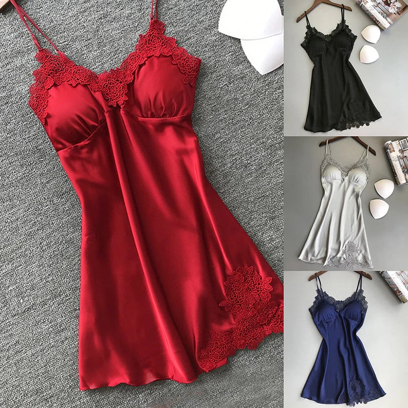 NEW Arrivals Luxury Silk Women Sexy Nightwear Lace Nightgowns Patchwork Cami Nightdress Clothes Lingerie Nighty Wedding Silk Dress Sleep Wear Girls Ladies Luxury Fashion Lingerie Supplies