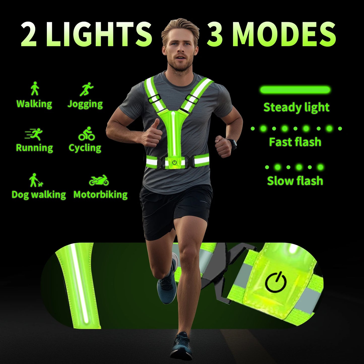 2 PCS Set 3 Colors Adjustable Reflective Security Vests Safety High Visibility Rechargeable Running Cloth For Outdoor Night Runners Cycling Sports