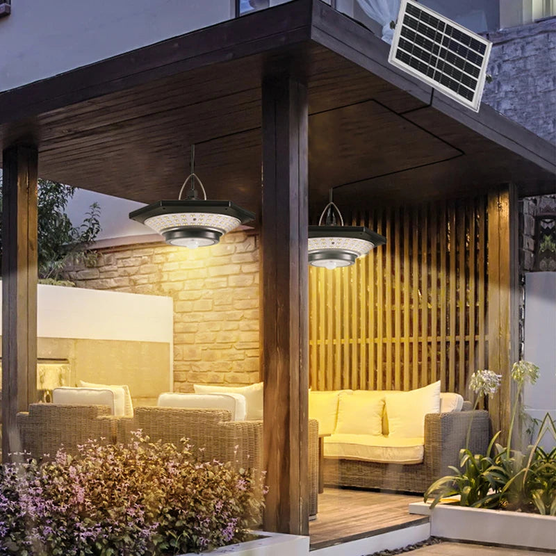Motion Sensor Solar Pendant Lights Outdoor Indoor 228LED Shed Light with Motion Sensor 3 Lighting Modes Waterproof for House Gazebo Lamp