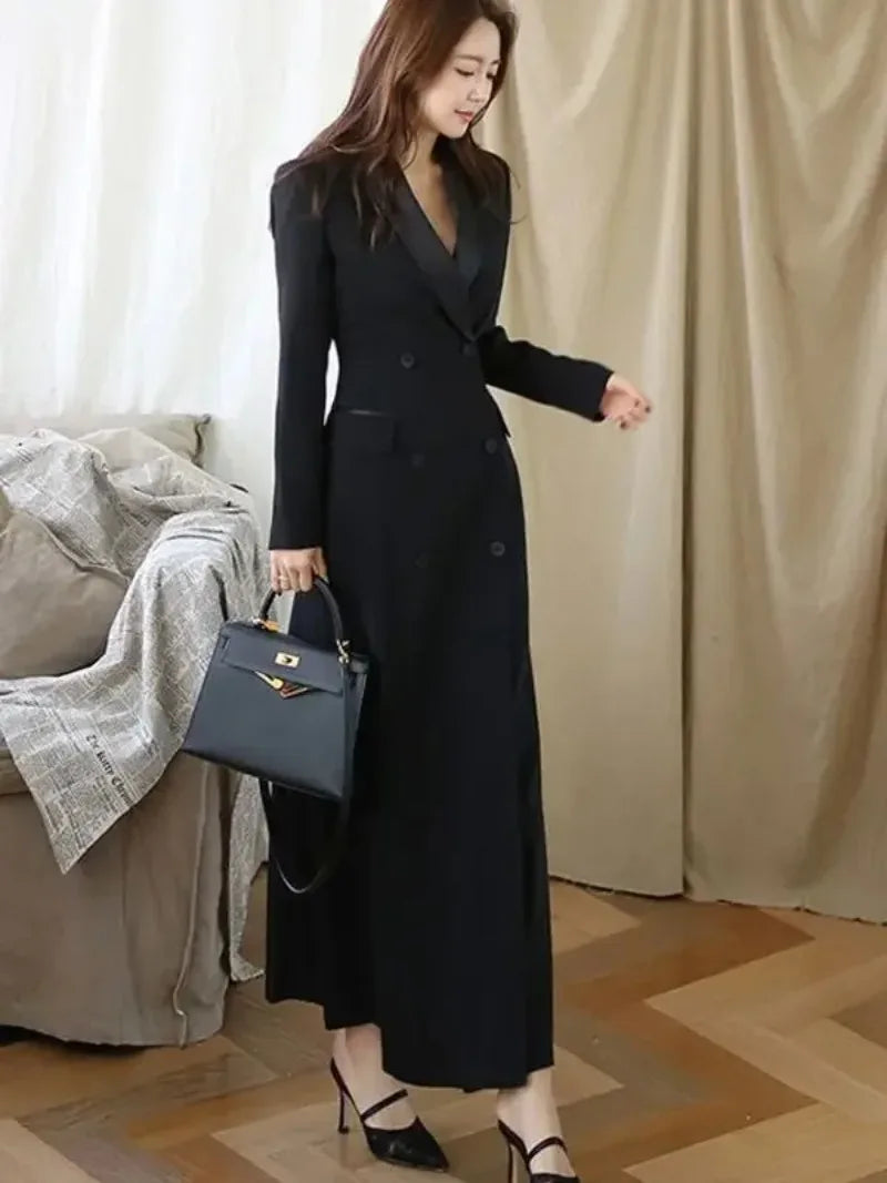 NEW Arrivals Italian Women Autumn Black Coat Double Breasted Notched Long Trench Female New Fashion Winter High Waist Outwears Slim Solid Windbreaker Office Lady Luxury Fashion Clothing Supplies