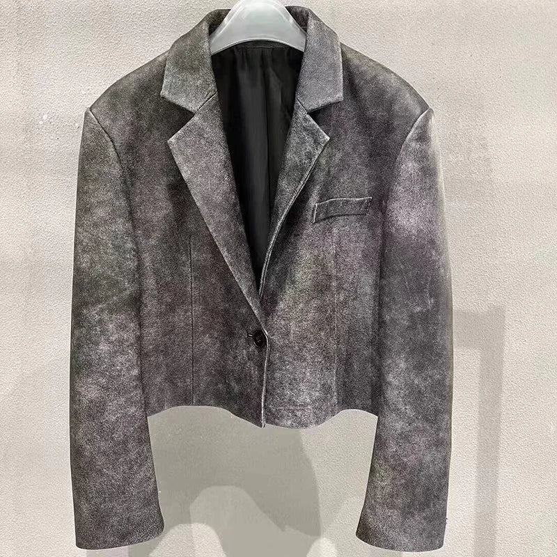 Genuine Leather Coat Women Autumn Winter New Fashion Two-Color Sheepskin Rub Color Retro Do The Old Short One-Button Suit Jacket