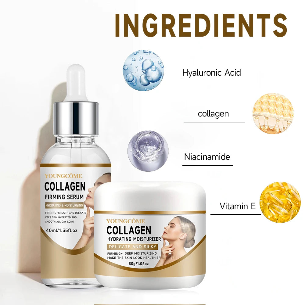 2 PCS Set Collagen Cream Set  Moisturizing Brightening Hydrating Smooth Wrinkles Firming Facial Face Suitable for Travel Packages Women Skin Care Supplies Korean Products