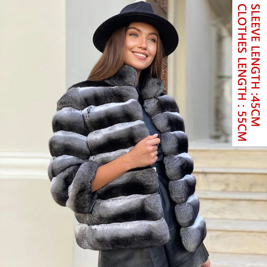 S-3XL 5 Colors Luxury Winter Warm Outerwear Fur Jacket Women Girls Real  Natural Rex Rabbit Fur Coat Chinchilla Colored High Collar Jacket Female Ladies Winter Luxury Fashion Clothing Products