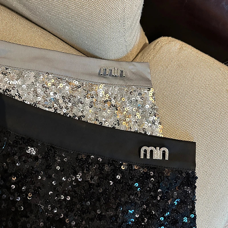 NEW Arrivals Sexy Spice Girl Black Sequin Skirt Women Summer New Spice Girl High Waist Stitching Slim-Fit Elegant Commuting Hip Culotte Ladies Girls Luxury Fashion Clothing Supplies