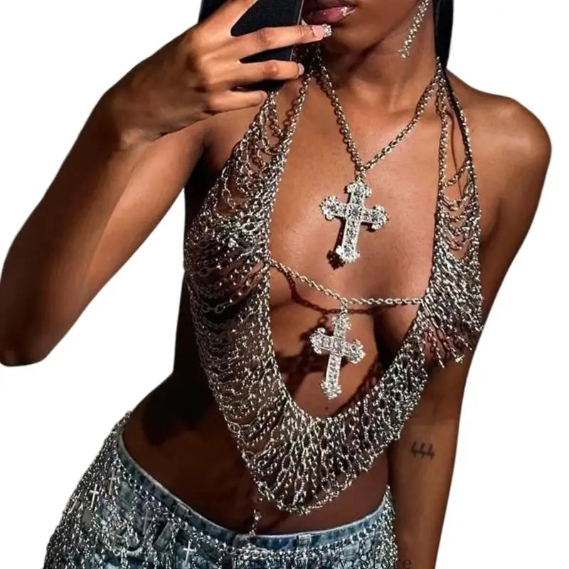 Sexy Hot Girl Fashionable Women's Crosses Charm Body Chain with Sparkling Rhinestones Halter Top for Beach Vacations Music Event,  Evening Rave Beach Party Night Clubwear Clothes