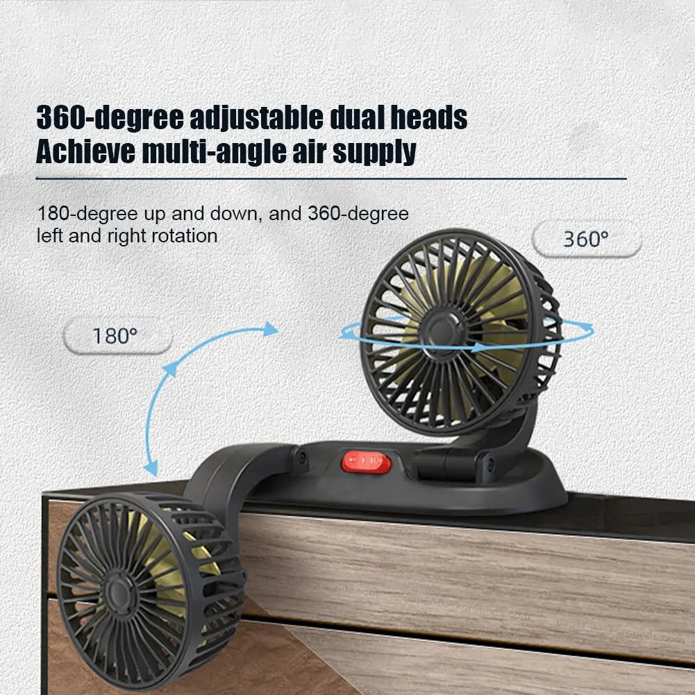 NEW Arrivals Car Cooling Fan 360° Adjustable Dual Head Cooling Air Fan Brushless Motor Low Noise Automobile Vehicle Fan Micro USB for Car Use Car Accessories