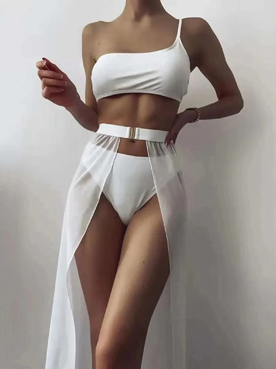 NEW Arrivals 3PCS Set White/Red/Black One Shoulder Bikini 2025 Women & Beach Skirt Swimwear Female Sexy Swimsuit Solid Beachwear Bathing Swimming Girls Ladies Sexy Beach Wear Suit