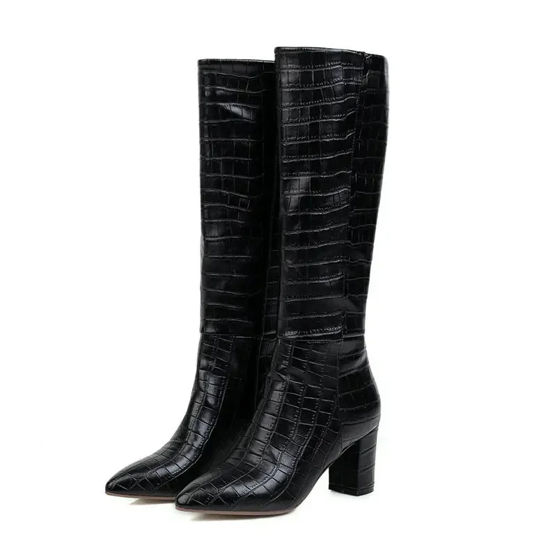 Yellow Navy Blue Crocodile PU Skin Leather Knee-high Riding Women Winter Shoes Block High Heels Western Boots