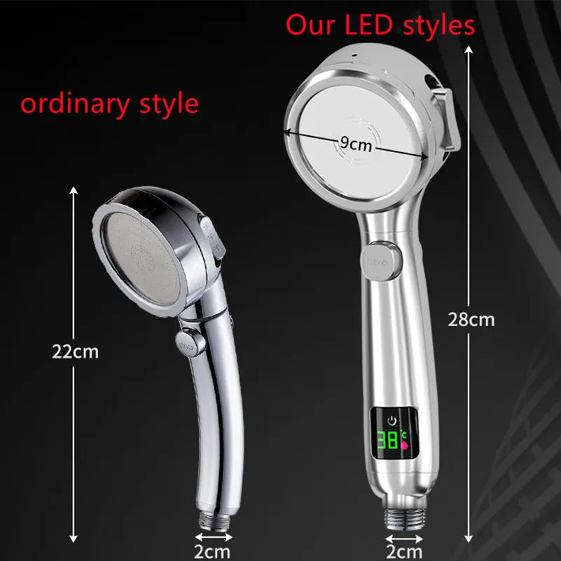 High Pressure Handheld Bathroom Shower Head Water Saving Showerhead Pressurized Adjustable Spray LED Digital Temperature Display
