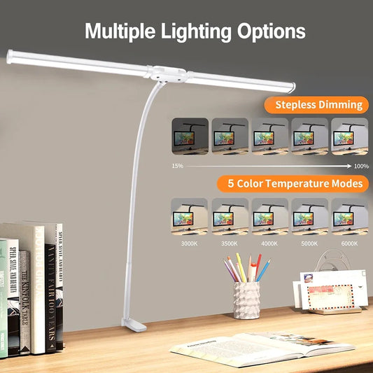 LED Double/Single Head Reading Desk Lamp Foldable Swing Arm Table Lamp with Clip Dimmable Workstation Office PC Eye Protection