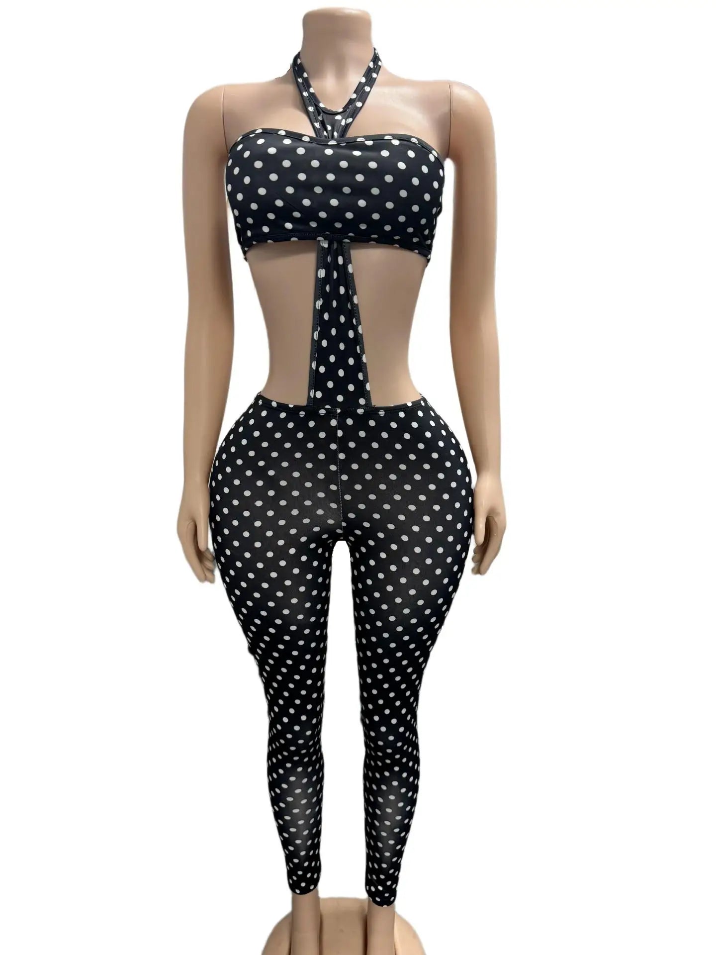 Just Landed 2 PCS Set Black/White Color Polka Dot Halter Crop Top Set Hollow Out High Stretch Skinny Pants Y2K 2026 Women Sexy Night Club  Evening Party Tracksuit Female Apparel Sets Clothing Supplies