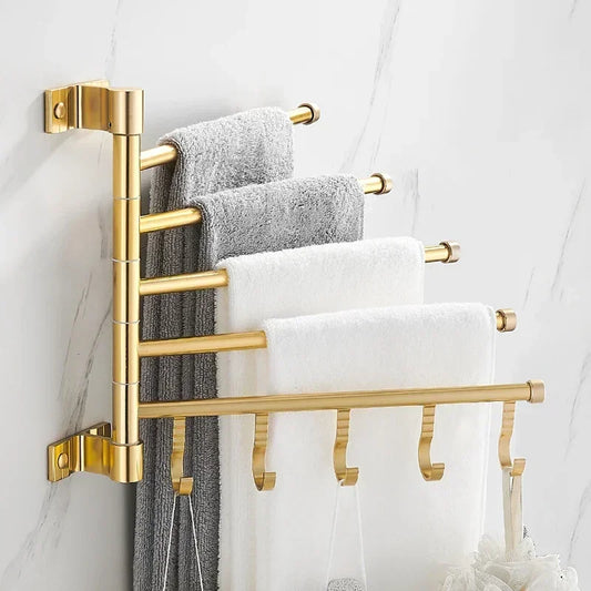 NEW 4 Rods Golden Light Luxury Aluminum Wall Mounted Rotating Towel Rack Bath Rail Hanger Towel Holder Bathroom Accessories Storage Rack