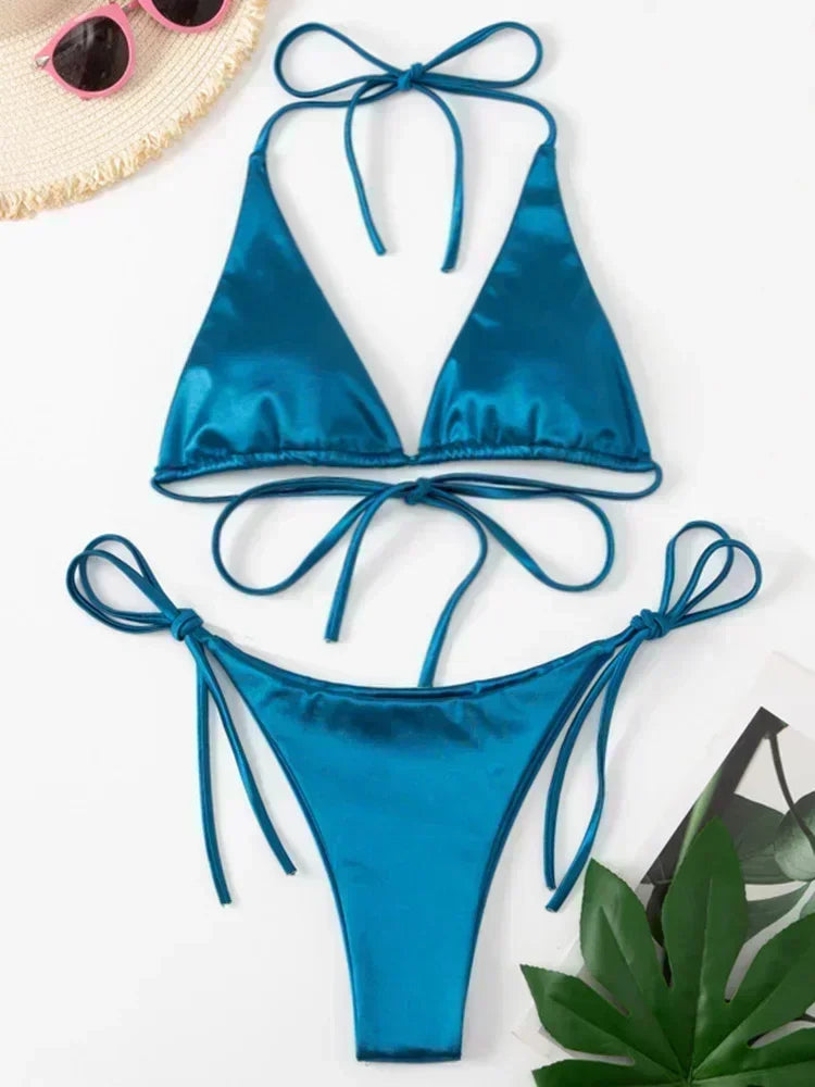18 Colors UK Size Halter Brazilian Metallic Satin Bikini Women Swimwear Female Swimsuit Two-pieces Bikini Set High Cut Bathing Suit Swim Beachwear