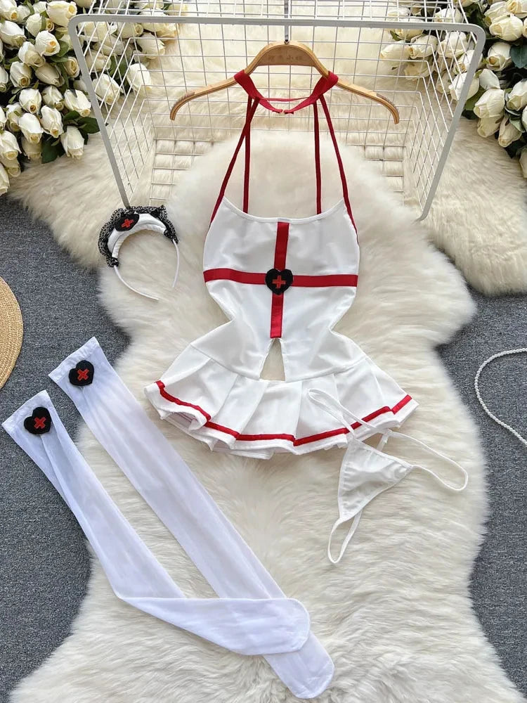 Women Preppy Style Sexy Uniform Sets 2024 V Neck Sheer Top+Lace Up Mini Skirt+Thongs Hollow Out Cosplay Porn Suits
