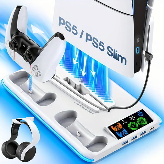 NEW Arrivals for PS5/PS5 Slim Stand with Headphone Hook Cooling Stand with Controller Charging Dock Station With 3 Levels Cooling Fan Computer Video Games Accessories Electronic Supplies