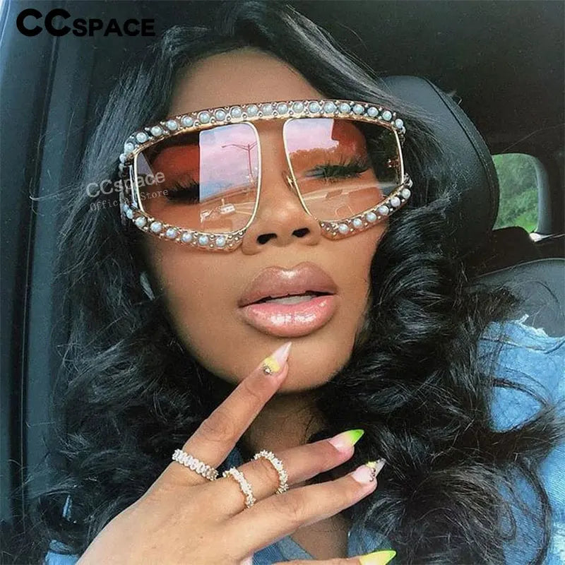 Luxury Space 45448 Goggles Sunglasses Women Luxury Shades Pearl Glasses Frame Red Mirror Glasses Oversized UV400 Brand Glasses Female Eyewear Supplies Sunglasses Products