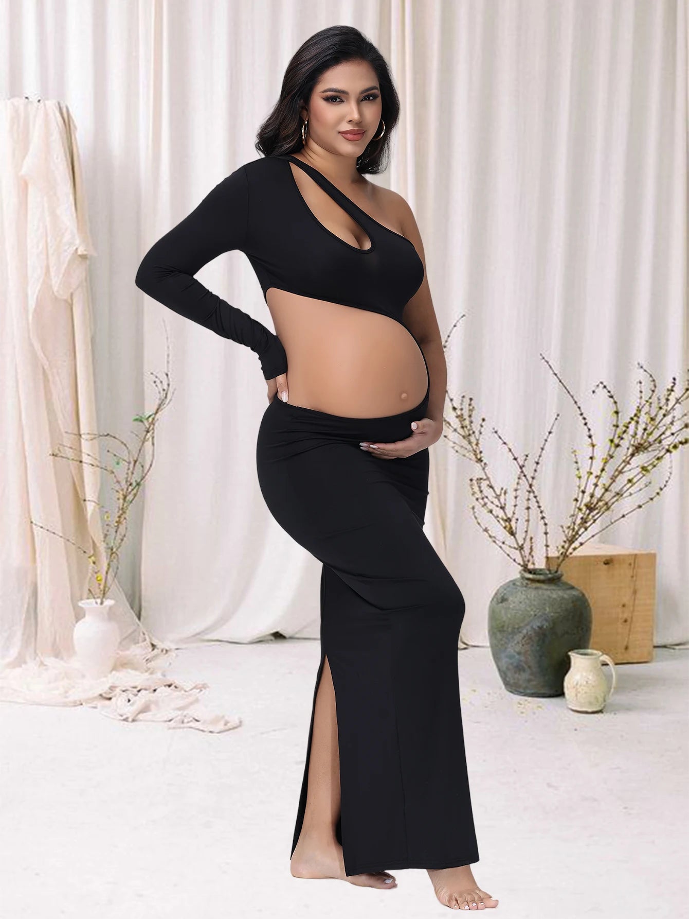 NEW Arrivals S-XL Size Maternity One Shoulder Long Sleeves Belly-Revealing Maxi Dress Baby Shower Gown For Photoshoot