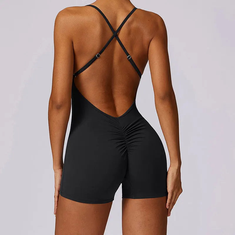 Fitness Jumpsuit Women Cross Adjustable Sports Playsuit Running One Piece Yoga Suit Scrunch Shorts Backless Set Romper