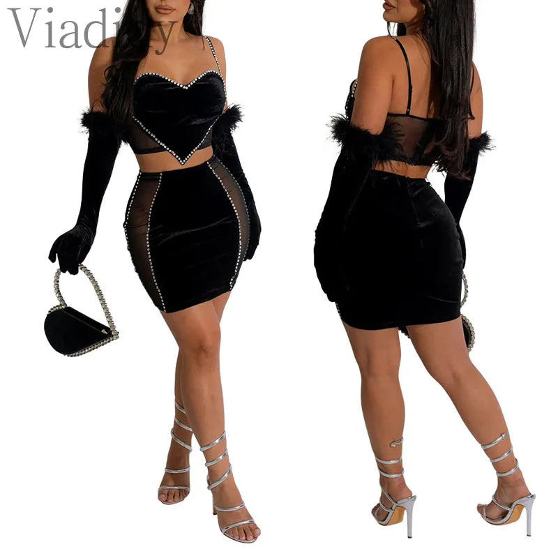 NEW Arrivals UK Big Size Black/Red  2PCS Set Luxury Velvet Women Sexy Solid Color Sheer Mesh Patchwork Velvet Top and High Waist Skirt Girls Ladies Sexy Fashion Clothing Products