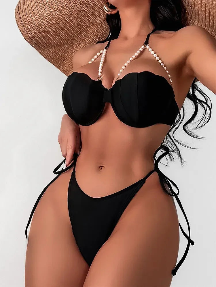 New Sexy White Bikini Women Pearls Swimwear Black Push Up Bathing Suit Swimsuit Female Solid Underwired Bra Cup Bikini Set