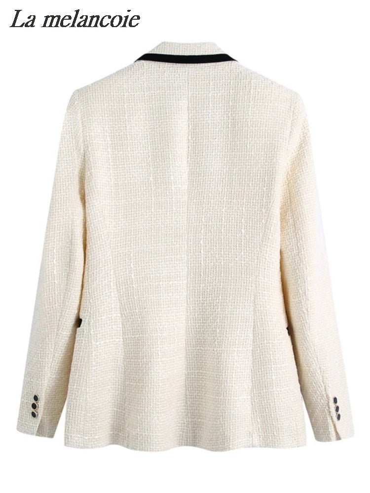 NEW Arrivals Pink/Ivory Vintage Tweed Double Breasted Blazer Coats Women New Autumn Winter Elegant Chic Pockets Jacket Office Ladies Casual Suits Ladies Luxury Fashion Clothing Supplies