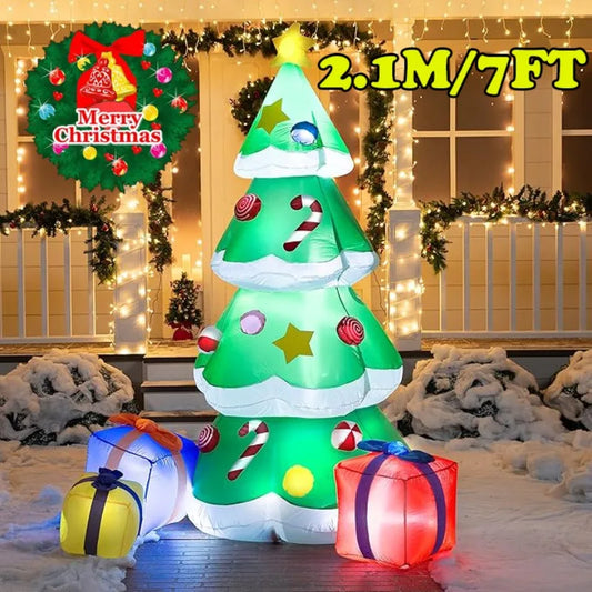 2.1M/7FT Xmas Inflatable Tree Set Ornament 3 Gift Boxes Christmas Trees Build-in LED Lights Indoor Party Outdoor Garden Props Decoration