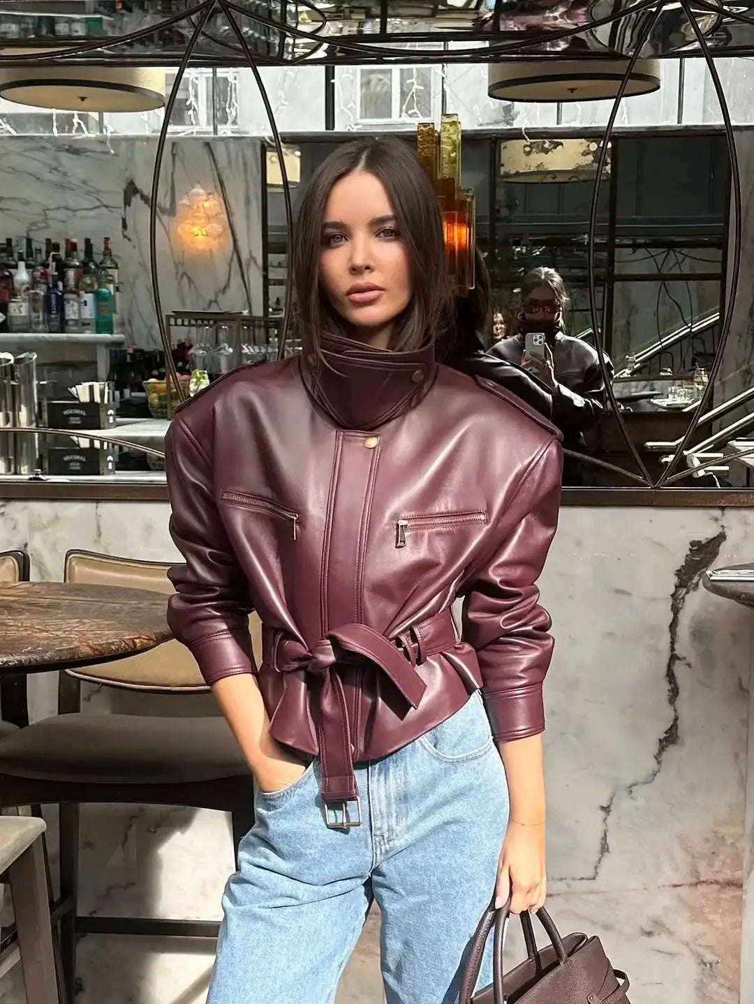 UK Size Women Solid Burgundy Waist Cinching Jacket Fashion Lace Up Stand Collar Zipper Bucket Short Jackets Lady High Street Coat
