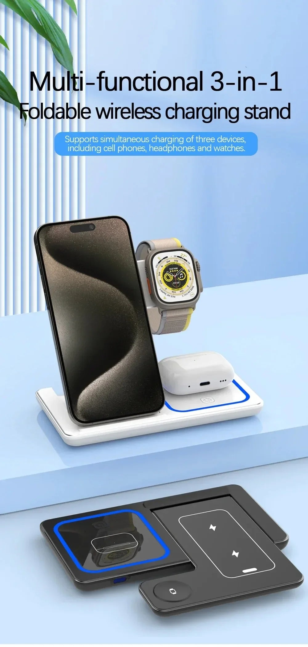 3 in 1 Wireless Charger Stand 30W LED Foldable Wireless Charger For iPhone 16 15 Pro Max iWatch 8 7 Airpods Charge Dock Station for Home Office Electronic Accessories Sets