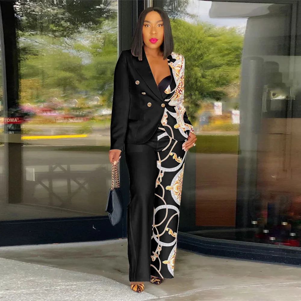 Women Formal Jacket & Trousers Office Lady Outfits Autumn Women Two Pieces Set Print Blazer Coat & Pants Suit Sets Female