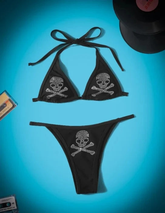 2 PCS Set Sexy Rhinestone Gothic Skull Bikini Kawaii Bikini Gothic Bikini Y2K Swimsuit Goth Bathing Suit Summer Holiday Beachwear Bra Brief Sets