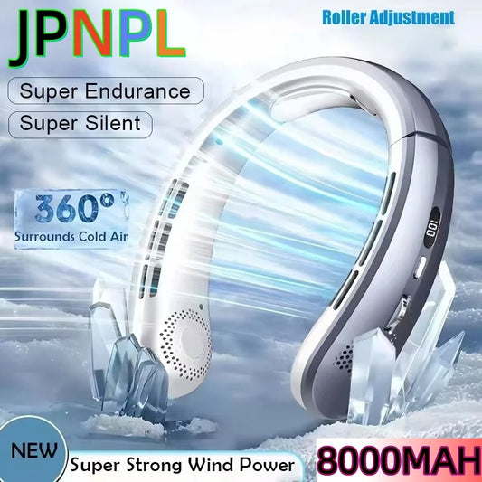 8000mAh USB Hanging Powerful Neck Fan Portable Bladeless Mini Rechargeable Mute LED Digital Display Electric Air Cooler Handheld.