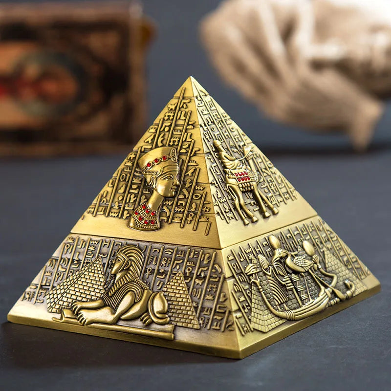 Egyptian Tutankhamun Pharaoh Bronzer Pyramid Metal Ashtray, Creative Candle Holder for Home Club Hotel KTV, European Style Decorative Sculpture