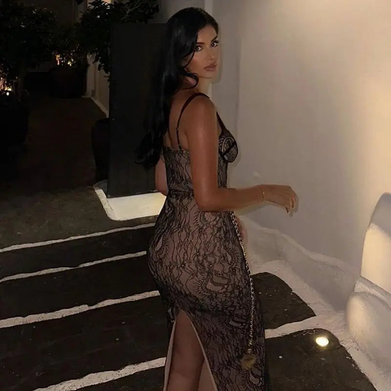 NEW Arrivals White/Black Sexy See Through Backless Lace Maxi Dress Women Off Shoulder Sleeveless Sling Long  Autumn Spring Summer Ladies Party Club Dress