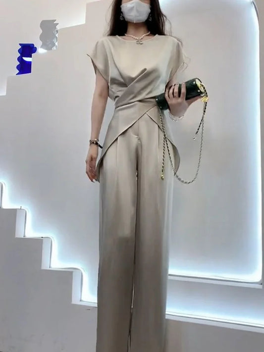 NEW Arrivals 2PCS Set M-3XL UK Size Luxury Trousers + Tops Chubby Woman Wide Leg Formal Satin Pant Sets for Women Sexy Silk Business Classy Outfit Ladies Luxury Fashion Apparel Supplies