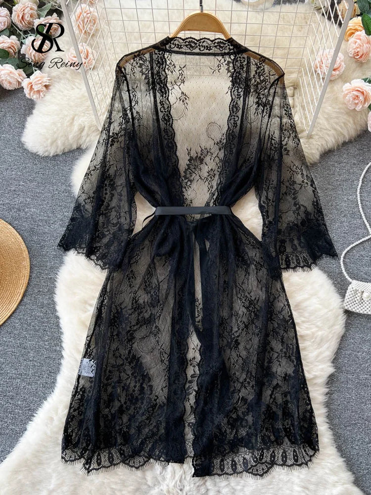 Mesh Sheer Sensual Cardigan Nightwear Women V Neck Lace Print Night Dress Summer Long Sleeve Lingerie Erotic Pajamas