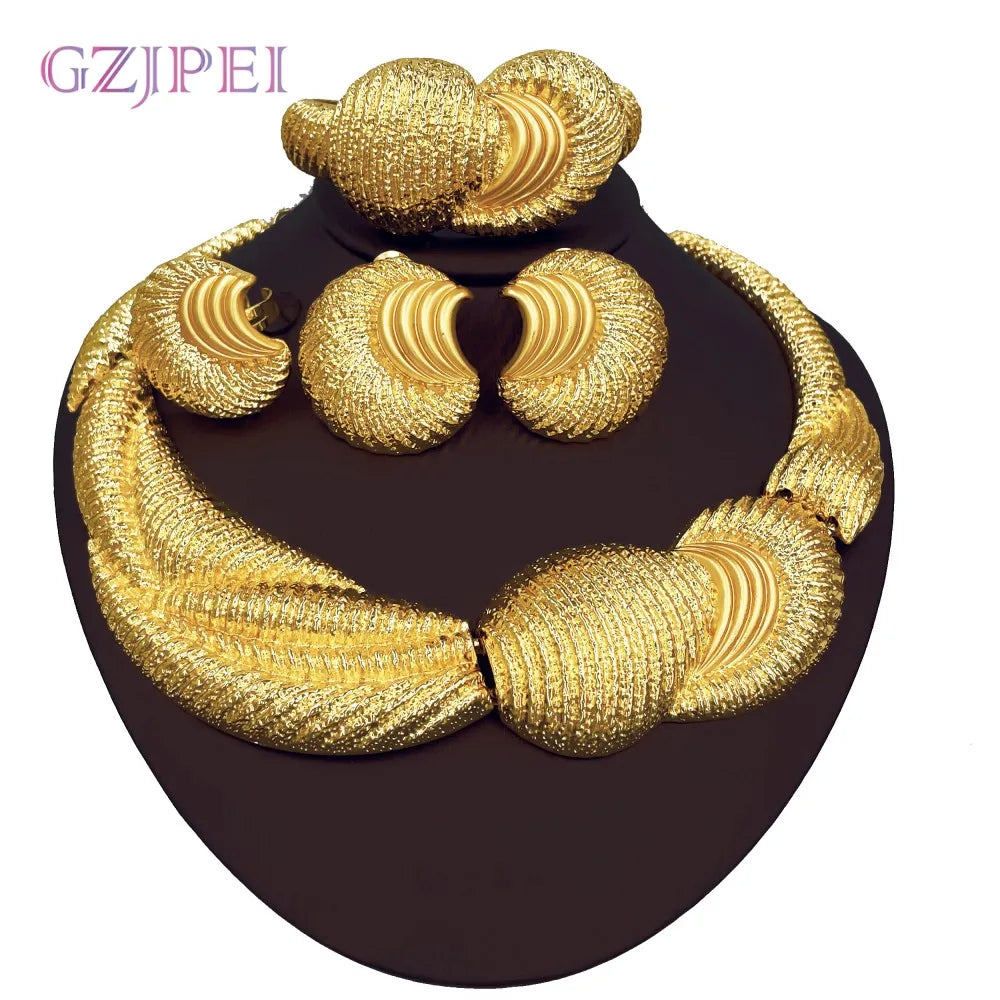 Luxury 18K Gold Plated 5 PCS Set Big Jewelry Set Large Necklace Chunky Bangle Bracelet Moon Shape Piercing Earring Ring Women Wedding Gift