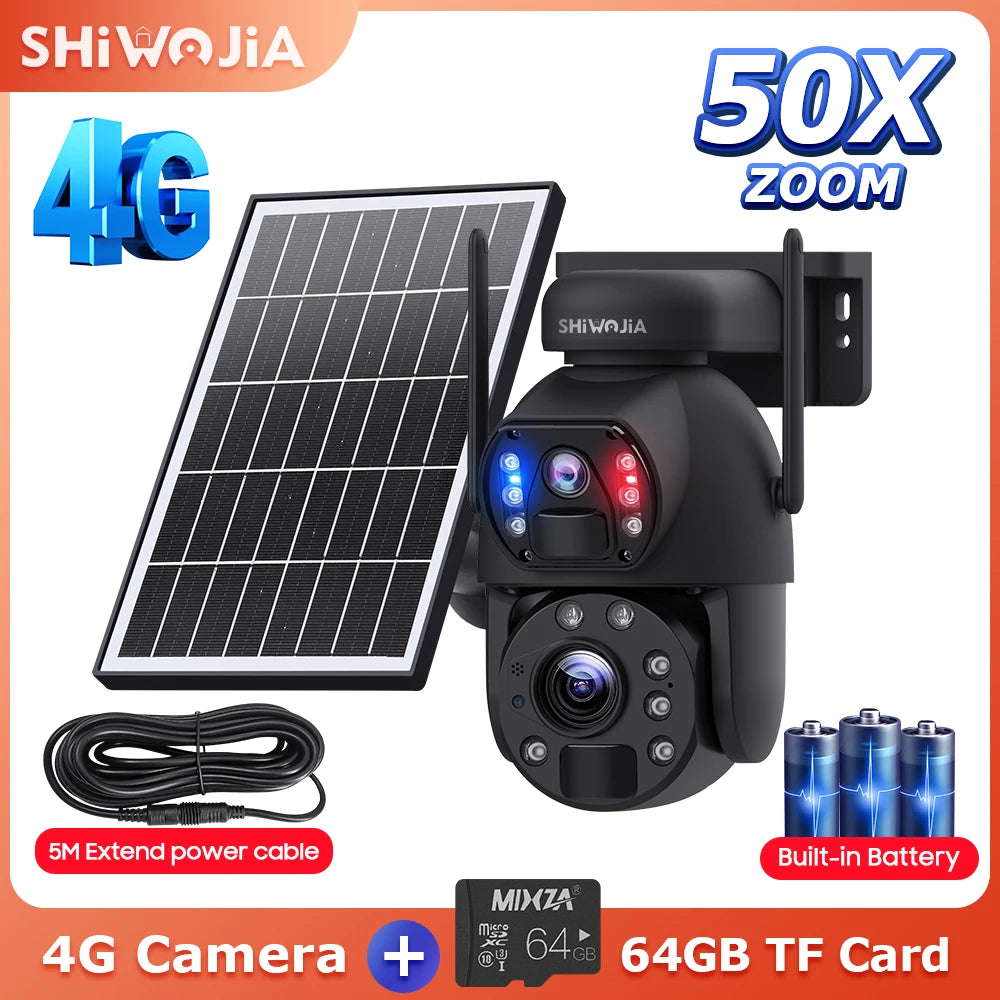 NEW 50X ZOOM 12MP 4G Sim Solar Camera Outdoor 360° Wireless WI-FI Battery Security Cameras Solar Panel PIR Night Vision Recording Home Office Factory Security Systems