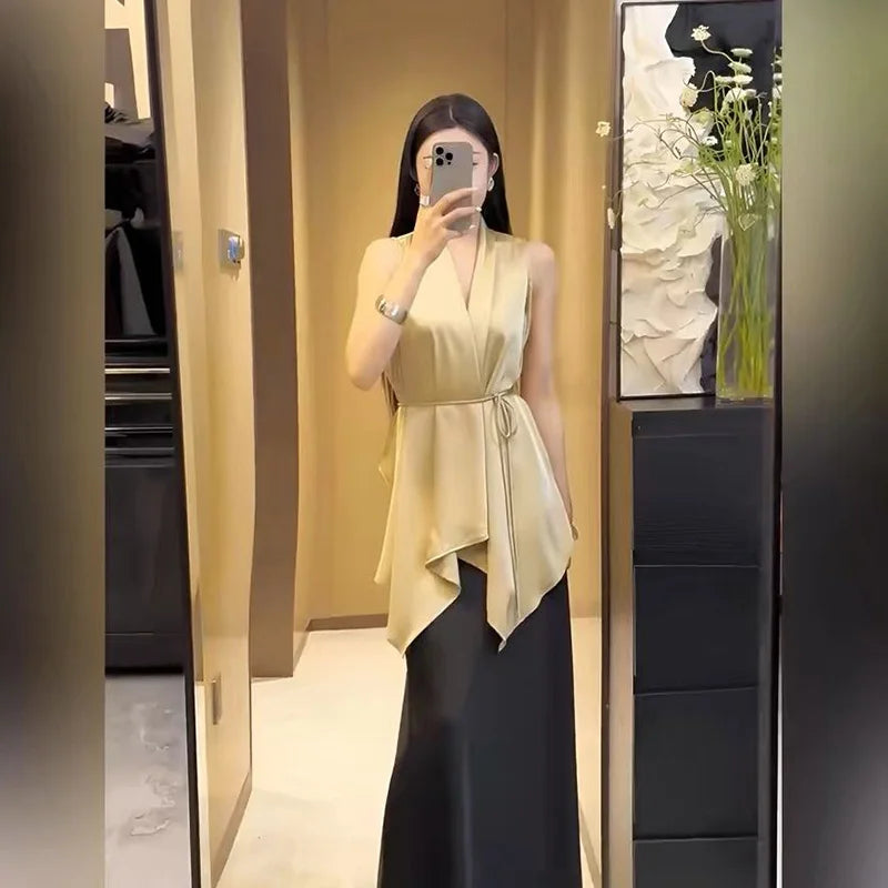 NEW S-3XL Plus Size 4 Colors Temperament Satin Sleeveless Tank Top Top Tee Summer Fashion Lacing Pleated Mid Length Top Ladies Fashionable V-Neck Blouse Tops