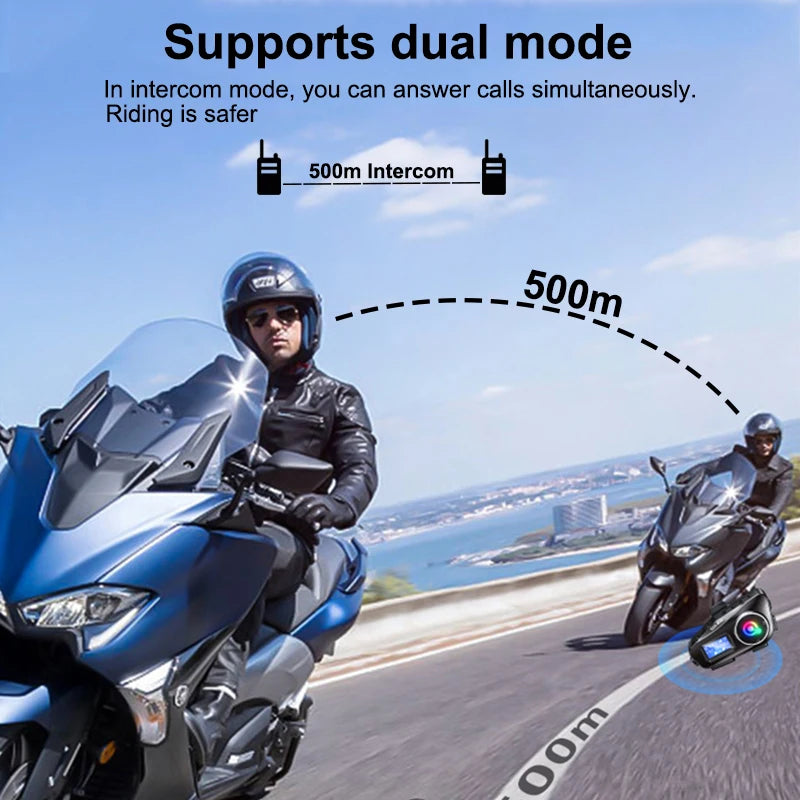 2024 New Motorcycle Intercom Helmet Wireless Bluetooth Headsets IP65 Waterproof Riders Music Sharing Earphone TF Card Playback