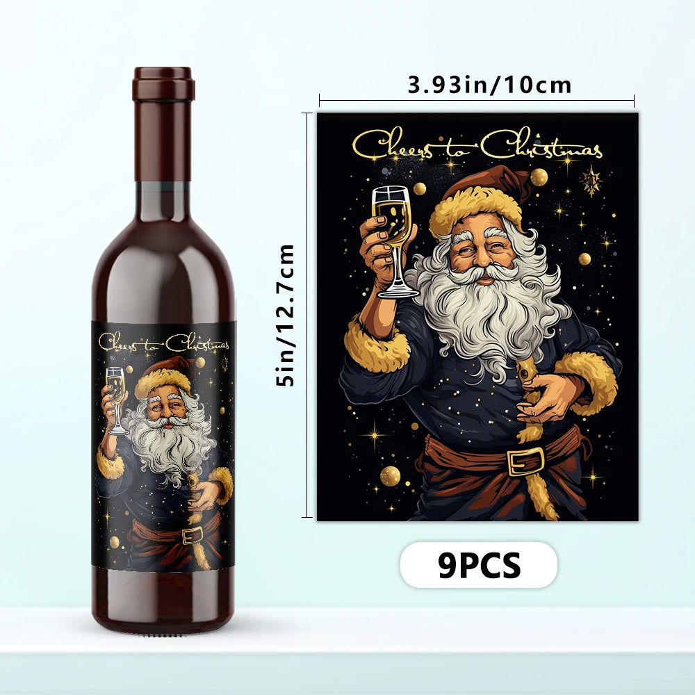 9pcs Set Christmas Decoration Wine Bottle Waterproof Stickers 5x3.93inch Christmas Wine Label, Christmas Party Decoration New Year Eve Supplies