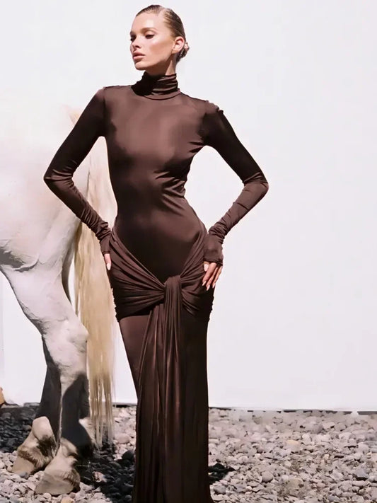 NEW Arrivals Black/Red/Coffee Color High Neck Long Sleeve Bodycon Dress Women's Tight Elastic Lace Up Maxi Long Dress Spring Autumn New Evening Party Night Club Wear