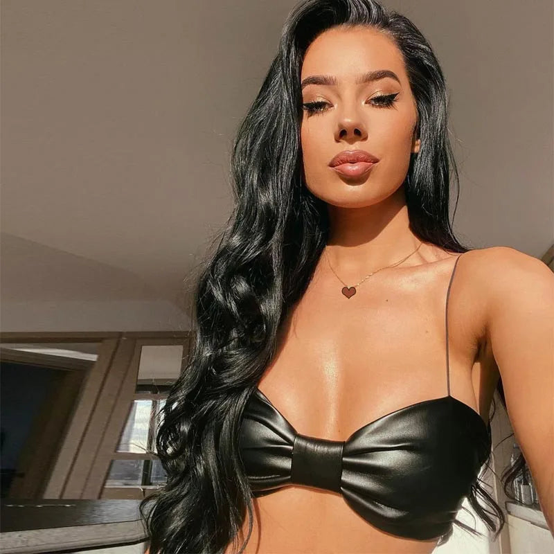 NEW Arrivals Spring Summer Women Sexy Camis Evening Beach Party Night Club Backless Spaghetti Tees Solid Black Leather V-Neck Tops Crop Tank Tops Girls Sexy Fashion Apparel Accessories