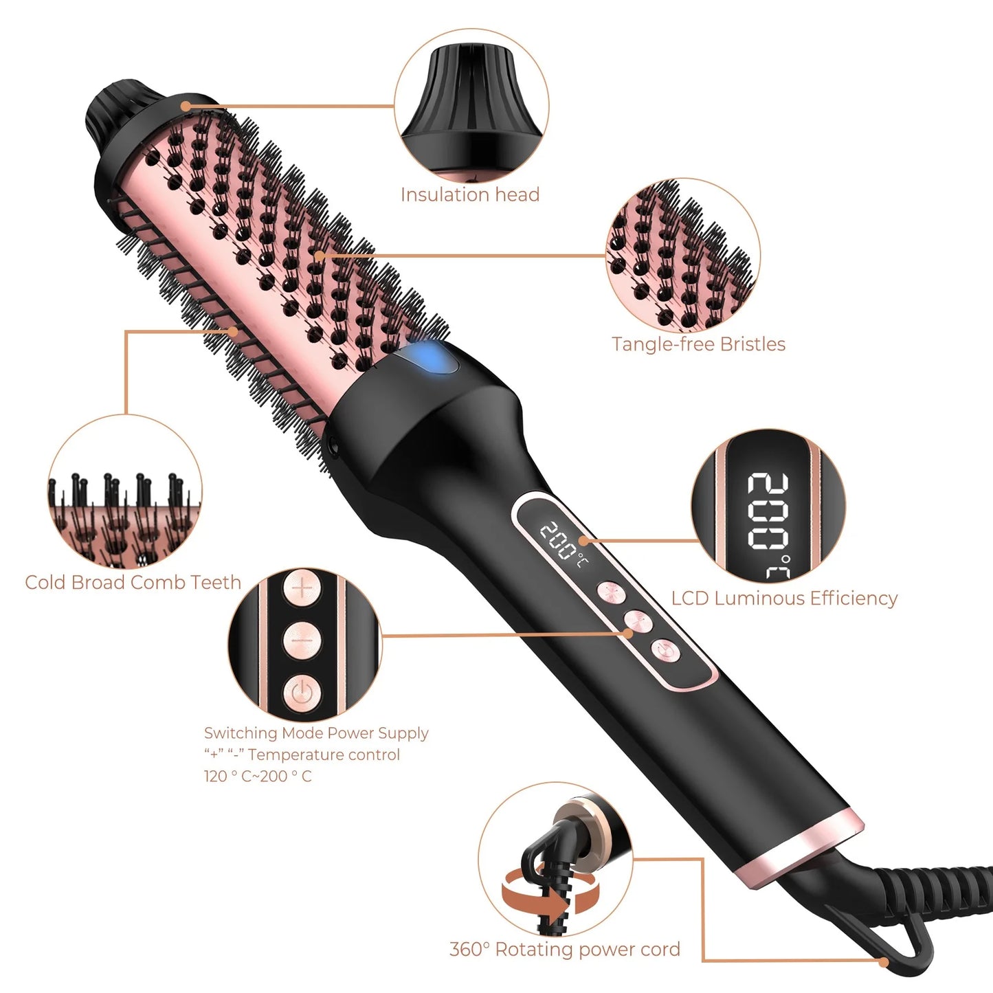 UK Plug Heated Styling Brush 3-in-1 Ionic Hair Curler/Straightener with Anti-Scald Electric Curl Wand Curling Iron Hair Styling Tools