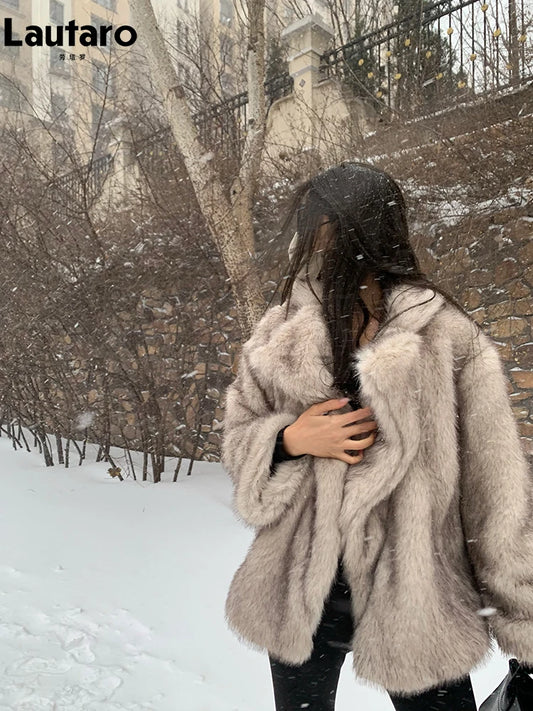 High Quality Luxury Autumn Winter Warm Snow Clothes Oversized Loose Casual Soft Thick Warm Hairy Faux Fox Fur Coat Women Long Sleeve Fluffy Jacket Female Girls Luxury Fashion Clothing Products