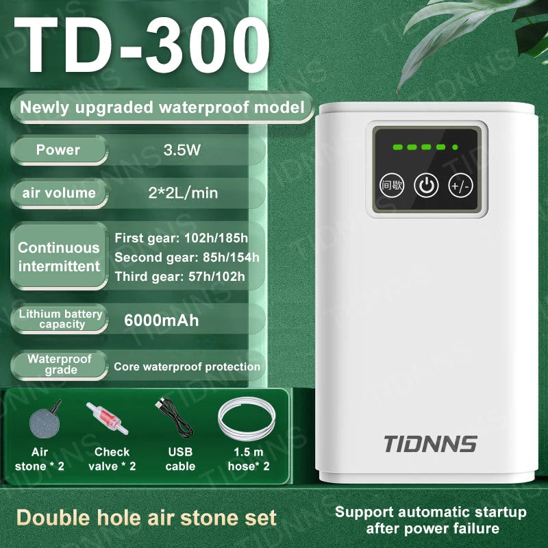 Aquarium Fish Tank Oxygen Pump 100/200/300 Stone & Plate Charging Dual-Purpose Air Pump USB Lithium Battery Household Portable Fishing Mute 6000mA Indoor Outdoor