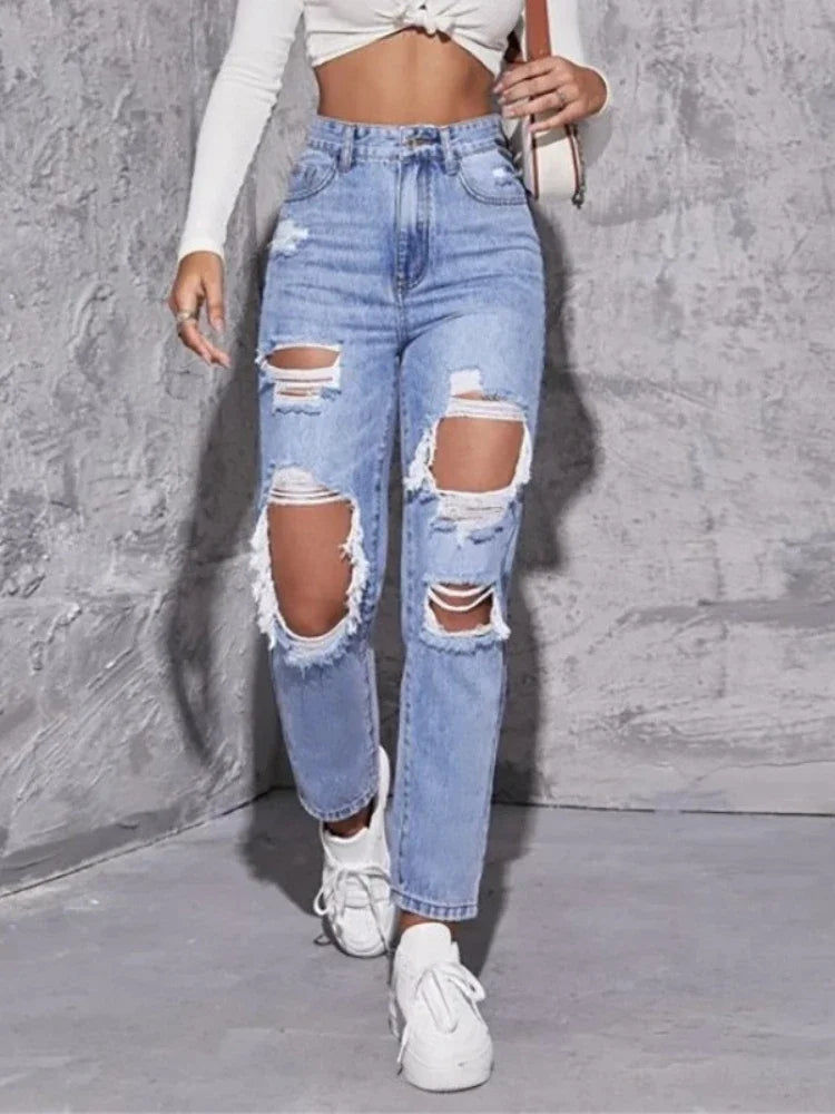 NEW Arrivals Women Jeans Distressed Straight Pants Ripped Denim Washing Ankle Length Holes Pockets High Waist Zipper Fly Flat Streetwear Solid Color Girls Casual Fashion Clothing Products